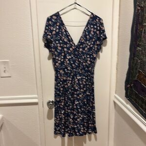 Blue and White Flutter Sleeve V-Neck Midi Dress